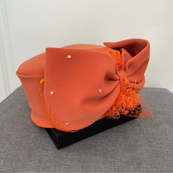 VERUCCI Vintage 1950s Wool Pillbox Hat Tangerine Orange Bow - Picture 7 of 11